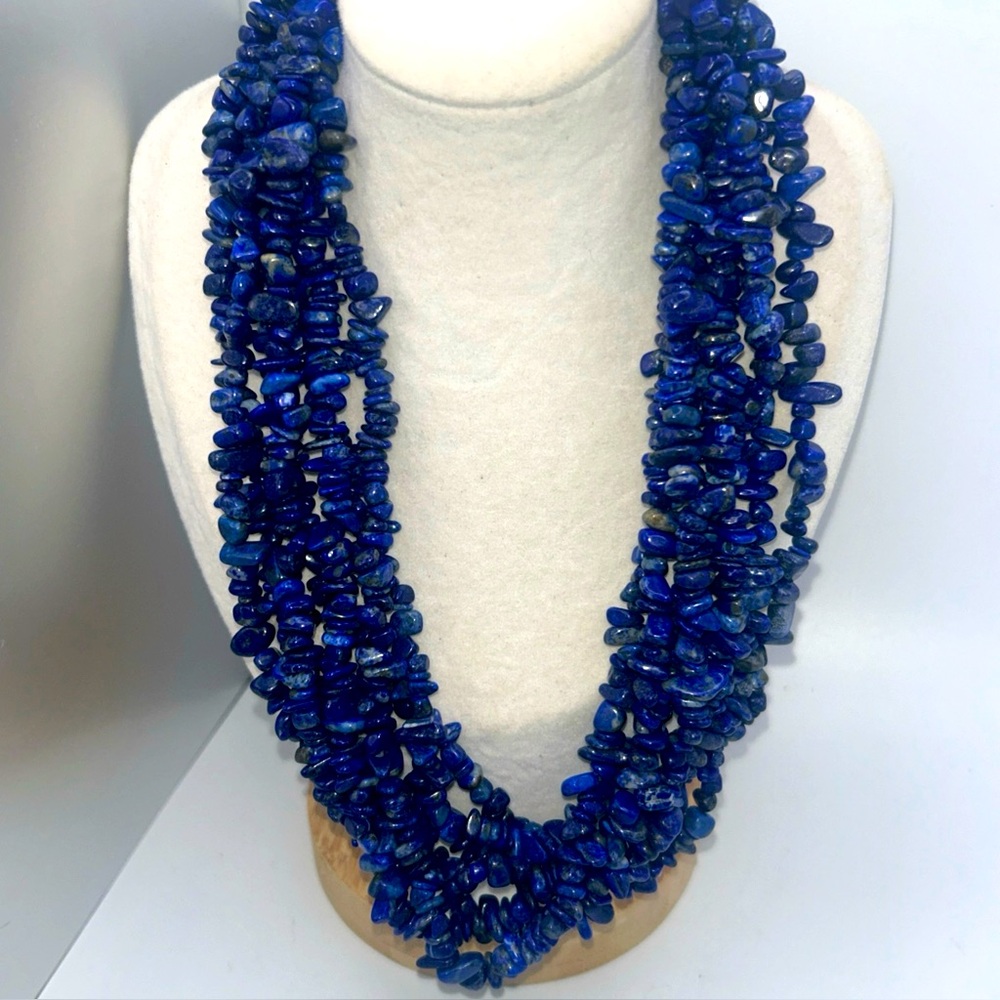 Vintage 7 Strand Lapis Chip Necklace 925 Findings Estate Boho Statement 16-20 “ - Picture 3 of 6